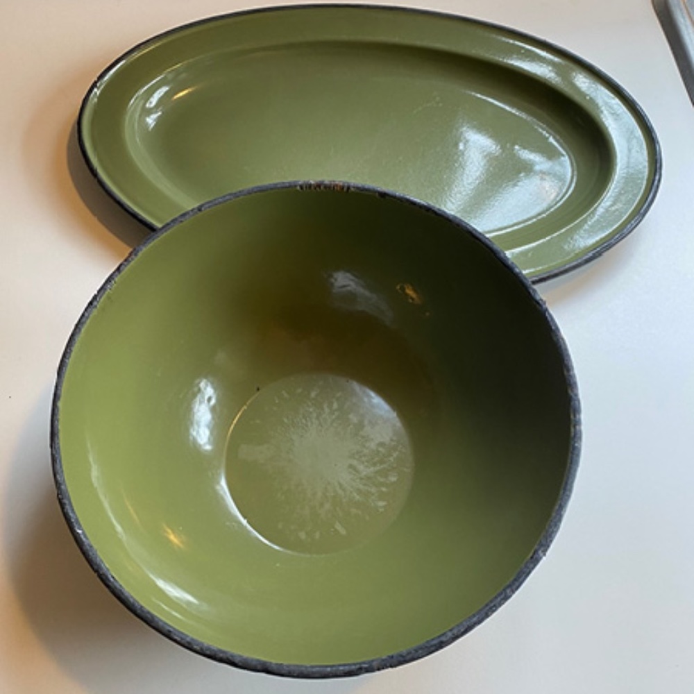 Vintage Made in Poland Enamelware Bowl & Platter in Avocado/Olive Green